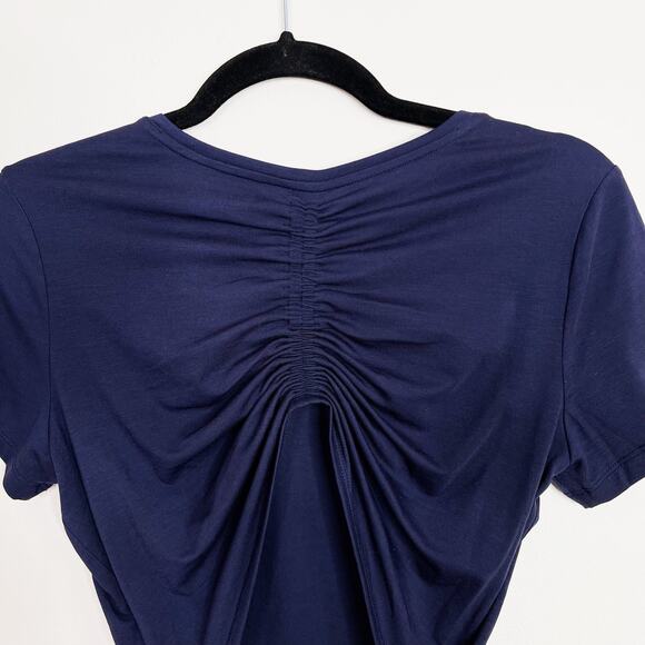 Athleta Encore Tee Ruched Open Back Navy Blue Short Sleeve XSmall XS Crew Neck - Picture 4 of 10